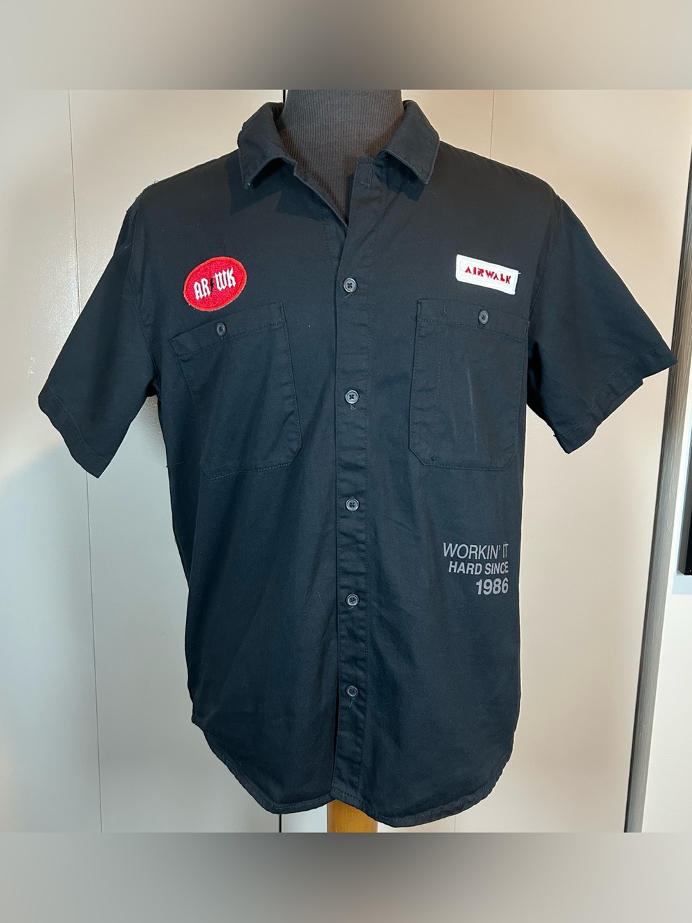 Black Airwalk Patches Skater 100% Cotton Large Button Up Shirt